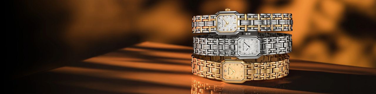 New Arrival Watches; Featuring an image of Godess of Time watch models 96P263, 97P184 and 98P237 on a tabletop background